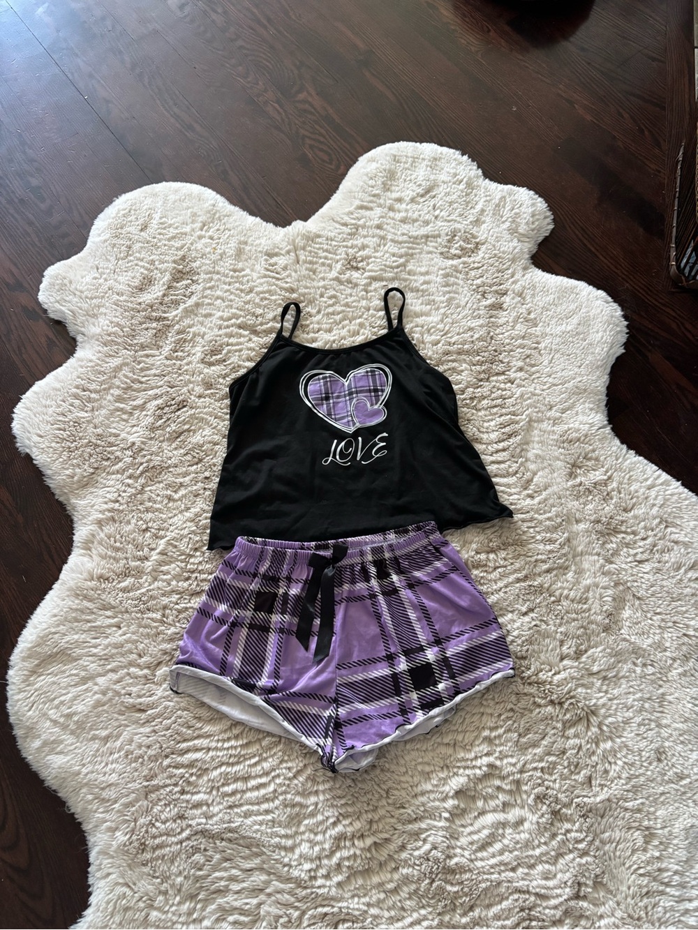 Women’s Purple Plaid Shorts & Black Cami Sleep Set - Love Heart